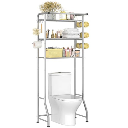 Simple Trending 3 Tier Over The Toilet Rack, Shelf Bathroom, Bathroom Stand Organizer Space Saver, Silver - color: Silver With Towel Rack