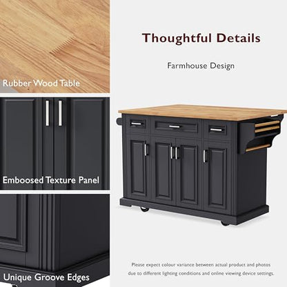 54inch Large Kitchen Island With Rubber Wood Drop Leaf,Embossed Texture Rolling Kitchen Cart On 4 Wheels With 4 Doors And 3 Drawers,Kitchen Island With Storage For Kitchen,Dining Room (Black-0t) - color: Black-0t)