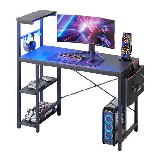 Bestier Gaming Desk with LED Lights, 44 Inch PC Gamer Desk for Small Spaces, Computer Desk with Reversible Storage Shelves & Side Storage Bag (Black Grained) - color: Black Grained, size: 44 Inch