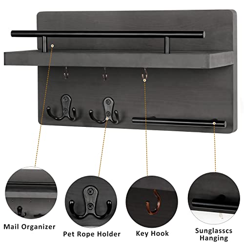 Wooden Key Holder Wall Mount With 5 Hooks For Entryway, Mudroom, Hallway | 2-Tier Design, Supports Up To 20 Lbs, Key Holder with Sturdy Black Metal Rail for Mail Plant Wallet Coat, Homeowners Renters - color: Gray