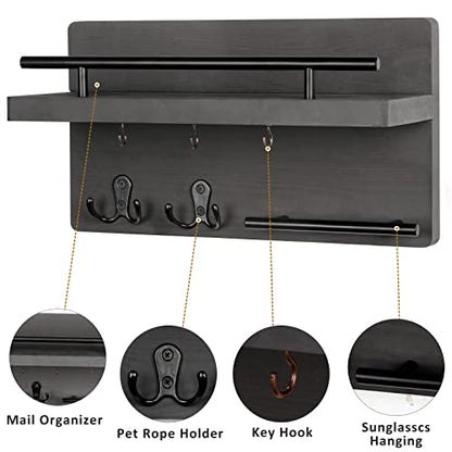 Wooden Key Holder Wall Mount With 5 Hooks For Entryway, Mudroom, Hallway | 2-Tier Design, Supports Up To 20 Lbs, Key Holder with Sturdy Black Metal Rail for Mail Plant Wallet Coat, Homeowners Renters - color: Gray