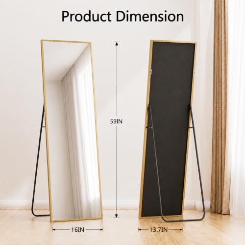 Aluminum Frame Mirror, 59"x16" Full Length Mirror with Stand, Free Standing Leaning Mirror Hanging Mounted Mirror for Bathroom Living Room, Gold - color: Gold-rectangular, size: 59"L x 16"W