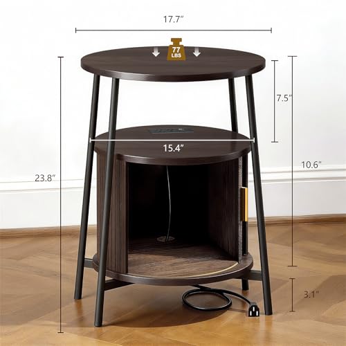 DHH Round End Tables Set of 2 & Charging Station, Fluted Accent Side Table with Sliding Door, Mid-Century Modem Nightstand Set for Small Space Storage, Living Room, Bedroom,Sofa Couch(Dark Walnut) - color: Dark Walnut