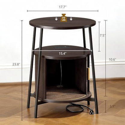 DHH Round End Tables Set of 2 & Charging Station, Fluted Accent Side Table with Sliding Door, Mid-Century Modem Nightstand Set for Small Space Storage, Living Room, Bedroom,Sofa Couch(Dark Walnut) - color: Dark Walnut
