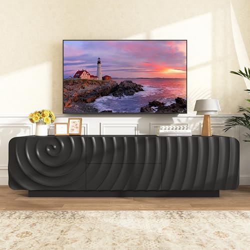 58'' TV Stand for 65 Inch TV, Modern Spiral Wave Media Console with Storage Cabinet and 2 Drawers, Low Profile Entertainment Center for Living Room Bedroom (Black)