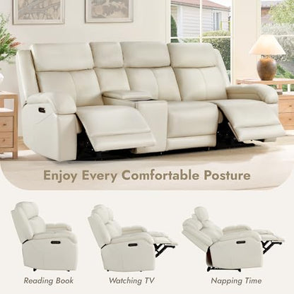 Watson & Whitely Wall Hugger Power Reclining Sofa with Console, Cream | Genuine Leather Recliner Sofa, Power Headrests, Center Storage Console, Cup Holders, 3-Seater Couch, Living Room & RV - color: Cream, style: 3 Seater Sofa (with console)