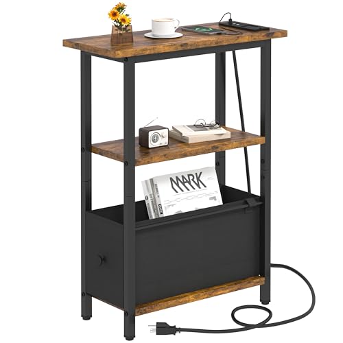 Narrow Side Table with Charging Station, Skinny End Table for Small Spaces, Thin Sofa Side Table with 1 Fabric Drawer, Slim Nightstand for Living Room, Bedroom, Rustic Brown - color: Brown, style: With Plug