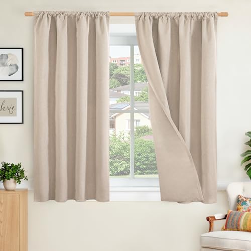 BGment Beige Linen 100% Blackout Curtains 45 Inch Length for Bedroom, Short Room Darkening Drapes with Rod Pocket Thermal Insulated for Living Room Window Privacy, 2 Panels, Each 42 Inch Wide - color: Natural, size: 42"W x 45"L (Pack of 2)
