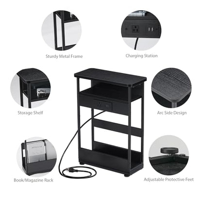 YEAKOO Narrow Side Table with Charging Station, 3-Tier End Table with 2 USB Ports & Power Outlets,Thin Sofa Side Table for Narrow and Small Spaces, Bedside Table Nightstand for Living Room,Black - color: Black
