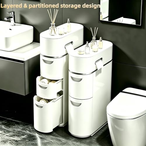 BGYMF 2-Tier Narrow Slim Bathroom Storage Cabinet with Wheels,White | No Installation Required,ABS and PP,Water Resistant,with Drawers,for Small Spaces Corner