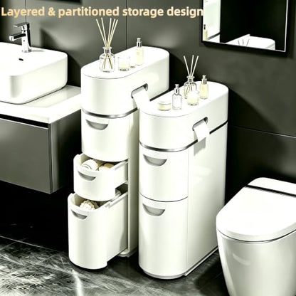 BGYMF 2-Tier Narrow Slim Bathroom Storage Cabinet with Wheels,White | No Installation Required,ABS and PP,Water Resistant,with Drawers,for Small Spaces Corner