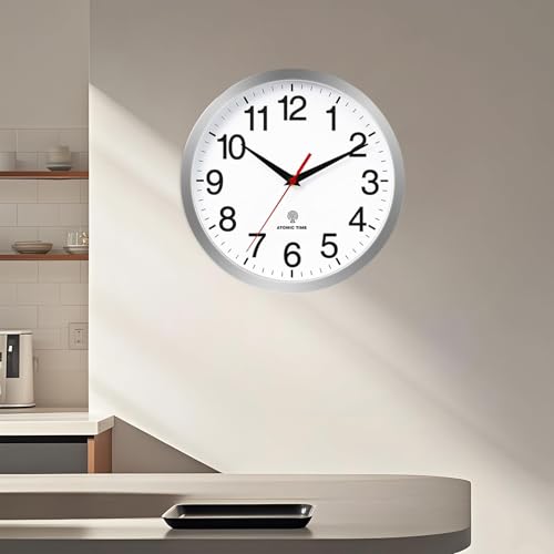 Wall Clock Analog 14 Inch Atomic Battery Operated Silent Clock | Silver, Easy To Read, Non Ticking, Round, Accurate, Kitchen, Living Room, Classroom, Office, School - color: Atomic_silver, size: 14 Inch