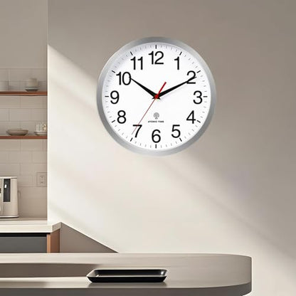 Wall Clock Analog 14 Inch Atomic Battery Operated Silent Clock | Silver, Easy To Read, Non Ticking, Round, Accurate, Kitchen, Living Room, Classroom, Office, School - color: Atomic_silver, size: 14 Inch