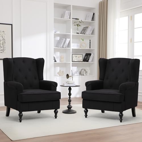 Accent Chair Set of 2, Mid Century Modern Fabric Wingback Chair, Upholstered Armchair with High Back and Vintage Legs, Comfy Single Sofa Side Reading Chair for Living Room Bedroom, Black - color: Black, size: Set of 2