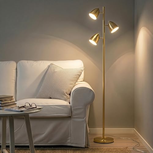 Brightech Jacob LED Standing Lamp, Modern Bright Floor Lamps for Living Rooms & Bedrooms, Tall LED Lighting Lamp with Adjustable 3 Light Tree – Antique Brass/Gold - color: Brass