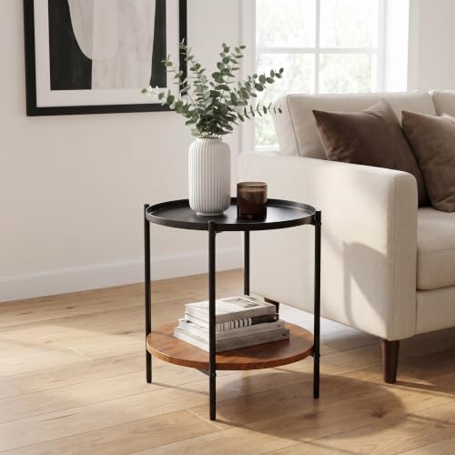 Round End Table with 2 Tier Storage, Modern Side Table with Wood Grain Lower Shelf and Durable Metal Frame, Small Accent Table for Sofa, Bedroom, Living Room, Apartment and Office
