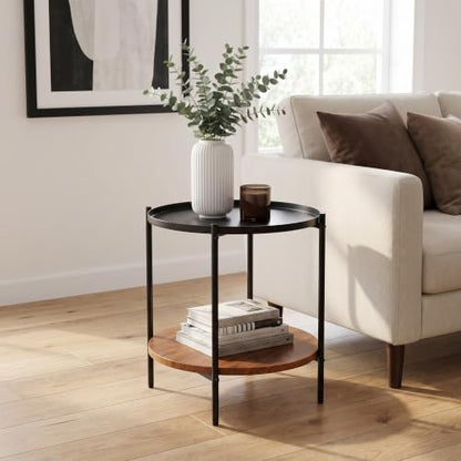 Round End Table with 2 Tier Storage, Modern Side Table with Wood Grain Lower Shelf and Durable Metal Frame, Small Accent Table for Sofa, Bedroom, Living Room, Apartment and Office