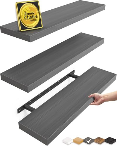 BAYKA Grey Floating Shelves 22.5in, Set of 3, Wall Mount Rustic Wood Shelf | Easy Install, 22lbs Max Load, Hidden Bracket, for Bathroom Bedroom Kitchen Display Storage Decor, Multi-Wall Compatible - color: F. Grey - Industrial Edge Style, size: 22.5inches