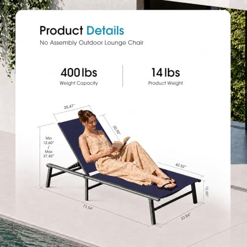 Foldable Outdoor Lounge Chair, No Assembly Patio Chaise Lounge Outdoor with 5-Positions, Aluminum Pool Lounge Chair with Portable Design for Pool, Beach, Deck, Backyard, Navy Blue - color: Navy Blue-upgraded, size: 1 Pack