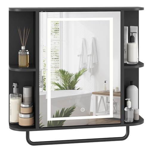 MAHANCRIS Bathroom Wall Cabinet with Mirror, Mirrored Medicine Cabinet with 3 Colors LED Light and 4 Open Shelves, Wall Mounted Storage Cabinets with Adjustable Shelf, 24.7"L x 6.7"W x 26.7"H, Black - color: Black, size: 24.7"L x 6.7"W x 26.7"H