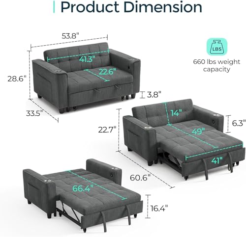 LINSY Sleeper Sofa Bed, 54" Pull Out Couch with Charging Station & Cup Holder, Small 3 in 1 Convertible Loveseat Sleeper Couch for Apartment, Dorm Room, Bedroom and Small Space, Gray - color: Dark Gray