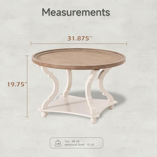 Round Farmhouse Coffee Table with Handmade Finish, Wood Tray Top Rustic Coffee Table for Added Thickness, Accent Table with Storage for Living Room, Small Place, White, Circle - size: 1-Pack Coffee Table