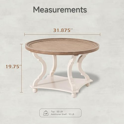 Round Farmhouse Coffee Table with Handmade Finish, Wood Tray Top Rustic Coffee Table for Added Thickness, Accent Table with Storage for Living Room, Small Place, White, Circle - size: 1-Pack Coffee Table