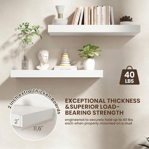 32 Inch Floating Shelves, 12'' Deep White Shelves for Wall Set of 2 | Invisible Brackets, Engineered Wood, Mounting Hardware Included, 40LBS, Bathroom, Laundry Room, Kitchen, Living Room - color: White, size: 32W x 11.6D x 2H, 2 Pack