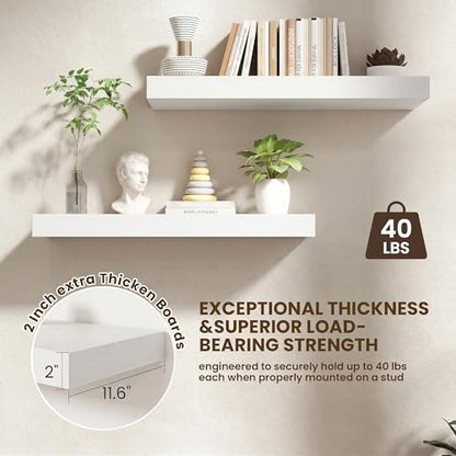 32 Inch Floating Shelves, 12'' Deep White Shelves for Wall Set of 2 | Invisible Brackets, Engineered Wood, Mounting Hardware Included, 40LBS, Bathroom, Laundry Room, Kitchen, Living Room - color: White, size: 32W x 11.6D x 2H, 2 Pack