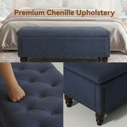 42'' End of Bed Storage Bench with Dual-Surface Lid, Upholstered Ottoman with Hidden Storage, Chenille Bench Seating with Wood Panel Seat for Entryway,Living Room,Bedroom-Blue - color: 4-blue