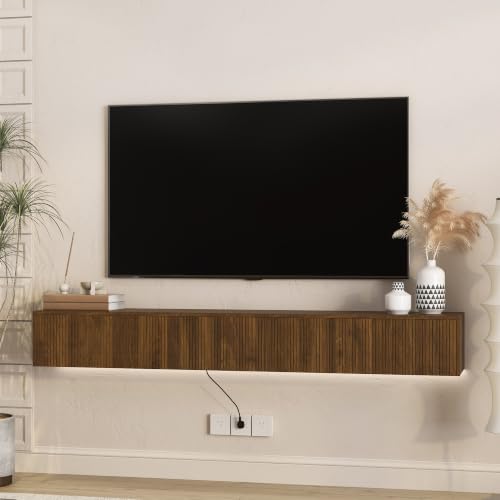 Floating TV Stand Wall Mounted with Led Lights, 69" Modern Floating Entertainment Center, Large Storage Media Console Wall Unit for Living Room Bedroom, Brown - color: Brown, size: 69" W x 9.17" H
