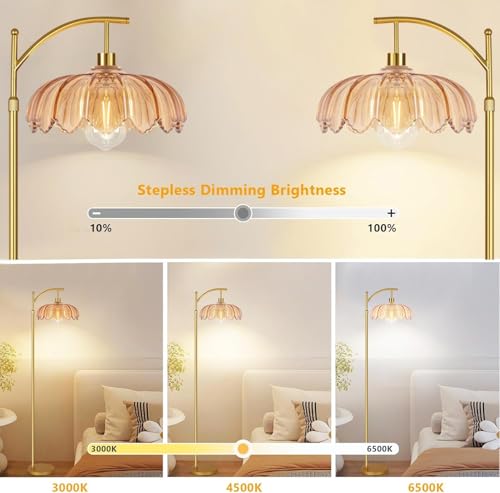 ILLMTW Gold Floor Lamp for Living Room,Bedroom,Mid Century Modern Standing Lamp with Remote,Dimmable Brass Tall Lamp Amber Glass Vintage Retro Arc Floor Lamps Flower Floor Light Boho Bohemian - size: 9-Floor Lamp