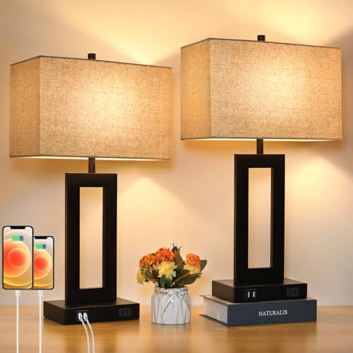 22" Table Lamp Set of 2, Modern Nightstand Lamp with 2 USB Ports | 3 Way Dimmable, Touch Control, Fabric Cream Shade, E26 Base, Desk Lamp for Living Room, Bedroom, 2 Bulbs Included - color: Beige(Shade), size: Large(22'')