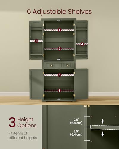 VASAGLE Pantry Cabinet, Freestanding Tall Cupboard with a Drawer | Freestanding cupboard with 2 cabinets, 6 adjustable shelves, Forest Green, UBBK561C01 - color: Forest Green, style: Modern