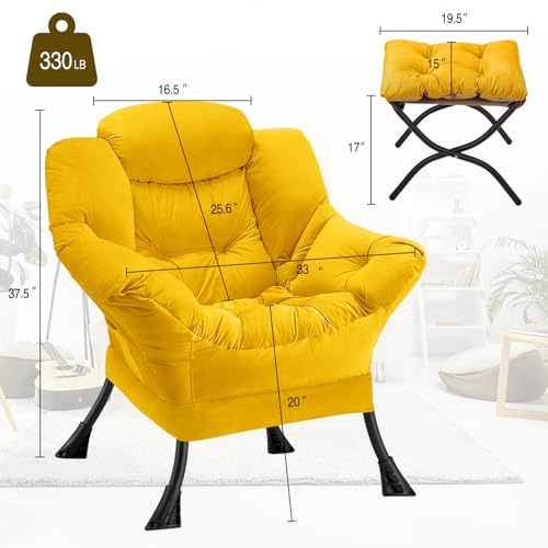 Lazy Chair with Folding Ottoman Modern Large Accent Chair,Contemporary Lounge Leisure Sofa Chair with Armrests Upholstered Sofa Armchair Reading Chair for Bedroom,Dorm & Office (Yellow-f) - color: Yellow