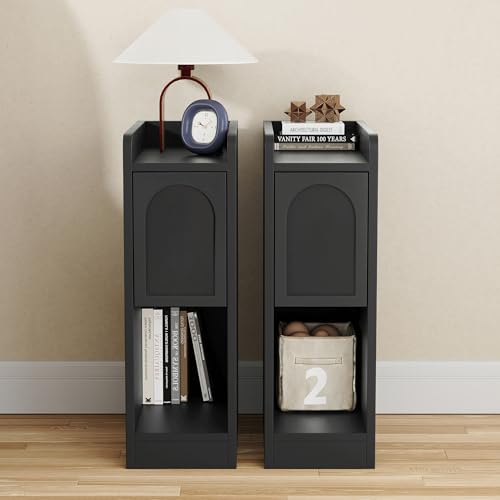 Narrow Nightstands Set of 2, Slim Bedside Tables with Raised Edge Top, Arched Drawer & Open Shelf, Modern Wooden Small End Tables for Bedroom Small Spaces (2, Black) - color: Black-arched Drawer, size: 2-Pack
