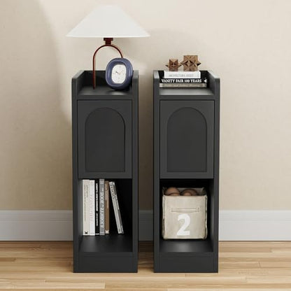 Narrow Nightstands Set of 2, Slim Bedside Tables with Raised Edge Top, Arched Drawer & Open Shelf, Modern Wooden Small End Tables for Bedroom Small Spaces (2, Black) - color: Black-arched Drawer, size: 2-Pack