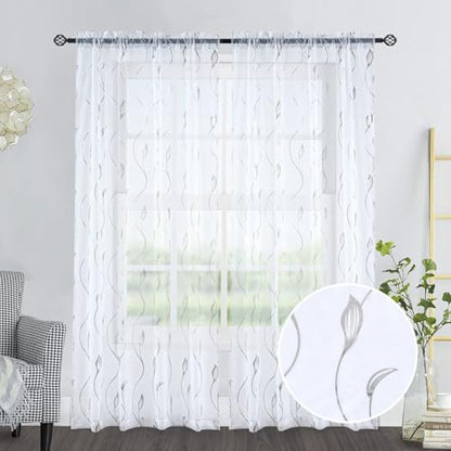 Silver Foil Print Sheer Curtains 84 inches Long, 2 Panels Wicker Bronzing Treatment Sheer Curtain, Rod Pocket Window Treatment Panels for Bedroom Living Room - color: Wicker/Silver/White, size: 52"W x 84"L (Pack of 2)