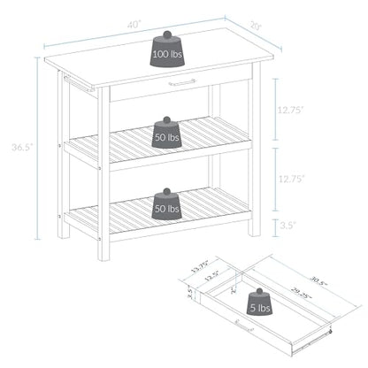 Casual Home Kitchen Island with Solid American Hardwood Top, Slate Gray, 40" W (373-932) - color: Slate Gray