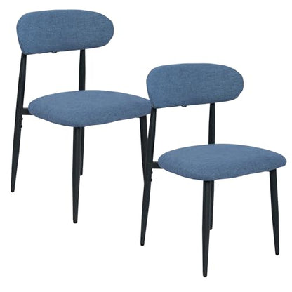FREKEN Modern Upholstered Dining Chairs Set of 2, Mid-Century Metal Frame Linen Fabric Side Chair for Kitchen Dining Room, 350lbs Capacity, Blue - color: Blue - Black Legs, size: Set of 2
