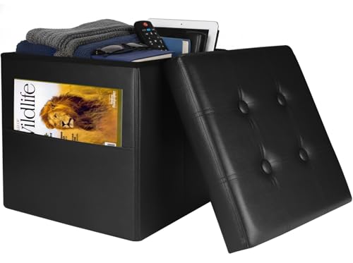Bsketa Storage Ottoman Bench,15 Inch Folding Leather Foot Rest Stool, Black | Small Ottoman with Side Pockets, Thicker Foam Padded Seat, Livingroom, Dorm, Bedroom, Easy to install, 40L, 15x15x15in - color: Black-with Side Pockets