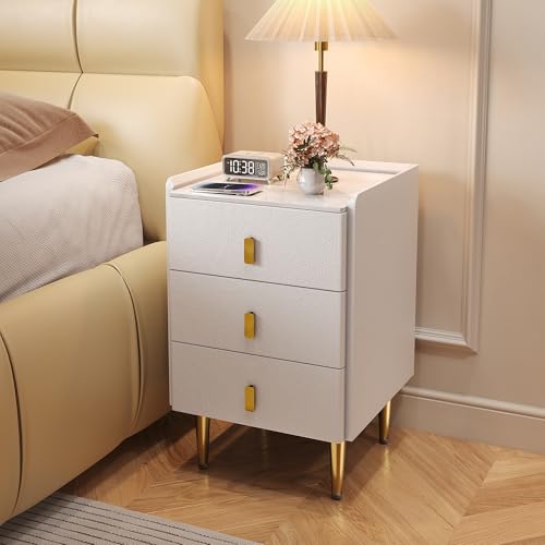 Narrow Nightstand with Drawers, 15.75" Narrow Bedside Table for Bedroom | Solid Wood Narrow Night Stand with Sintered Stone Top & Leather Surface, Slim Nightstand for Small Spaces, White - color: White, size: 15.7''×15.7''×24.5''