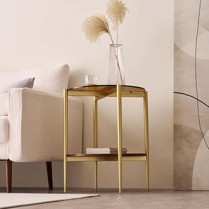 LumFurn D18in Round Glass End Table, Mid-Century Modern Design Side Table for Living Room, D18xH23inch, Amber Glass and Walnut MDF Wood, Conical Legs with Gold Finish Frame - color: D18" Amber & Walnut