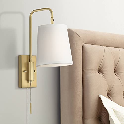 Luca 15 1/2" Warm Brass Swing Arm Plug-In Wall Mount Lamp Light Fixture | Mid Century Modern Indoor Finish Metal Fabric Shade for Bedroom Bedside House Reading Living Room Home Hallway
