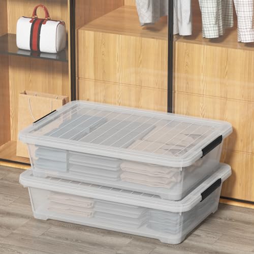 40 Quart Under Bed Plastic Storage Bins Wheels, Set of 3 | Clear Plastic Underbed Containers with Lid, Rolling Wheels for Easy Slide-Out, Space-Saving Organizer for Clothes and Shoes - size: 40 Quart