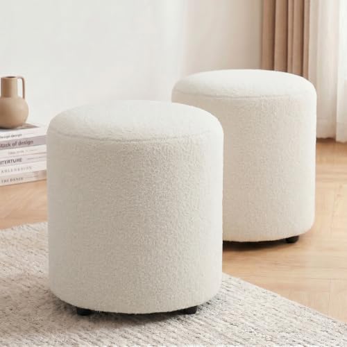 Modern Round Vanity Stool, Small Ottoman, Cute Fabric Foot Stool, Teddy Fleece Footrest, Upholstered Vanity Chair, Stool for Makeup, Bedroom, Living Room (2, Round-White) - color: Round-white