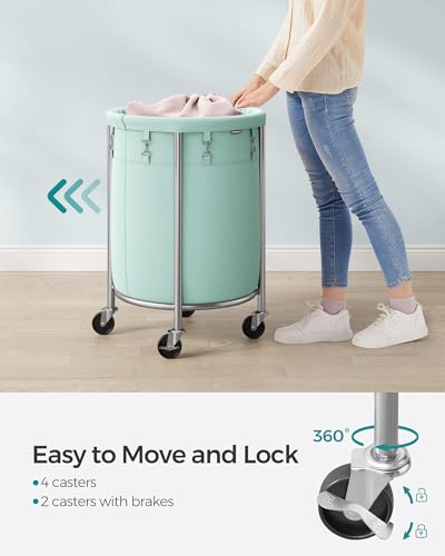 SONGMICS 29-Gallon (110 L) Laundry Basket with Wheels, Rolling Round Heavy-Duty Laundry Hamper Cart with Steel Frame and Removable Bag, 2 Locking Wheels, Mint Green and Metallic Silver URLS002C01 - color: Mint Green + Metallic Silver, size: 110 L (1-Secti