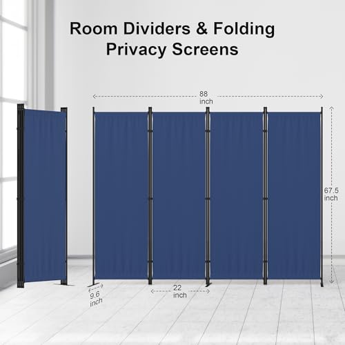 Partition Room Divider 4 Panel Portable Wall with 3 Wider Feet | Folding Room Divider 6FT Privacy Wall Indoor as Dressing Screen for School Office Children's Separate Rooms,Blue - color: Blue, size: 4 Panel Basic