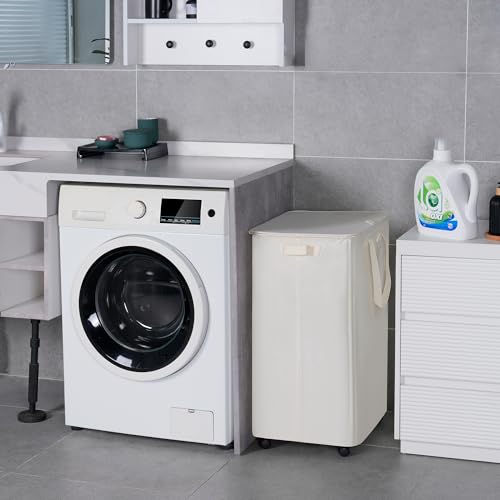 Slim Laundry Hamper with Wheels, Rolling Laundry Basket with lid and wheels Clothes Hamper Foldable Tall Dirty Clothes Basket Sturdy Collapsible Clothes Hamper for Dorm,Laundry Room - color: Beige, size: 95L
