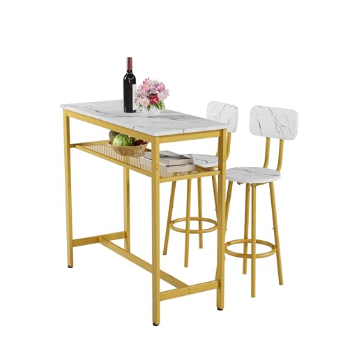 Counter Height Dining Table Set with 2 Stools - Kitchen Breakfast Bar Table - White Faux Marble Top